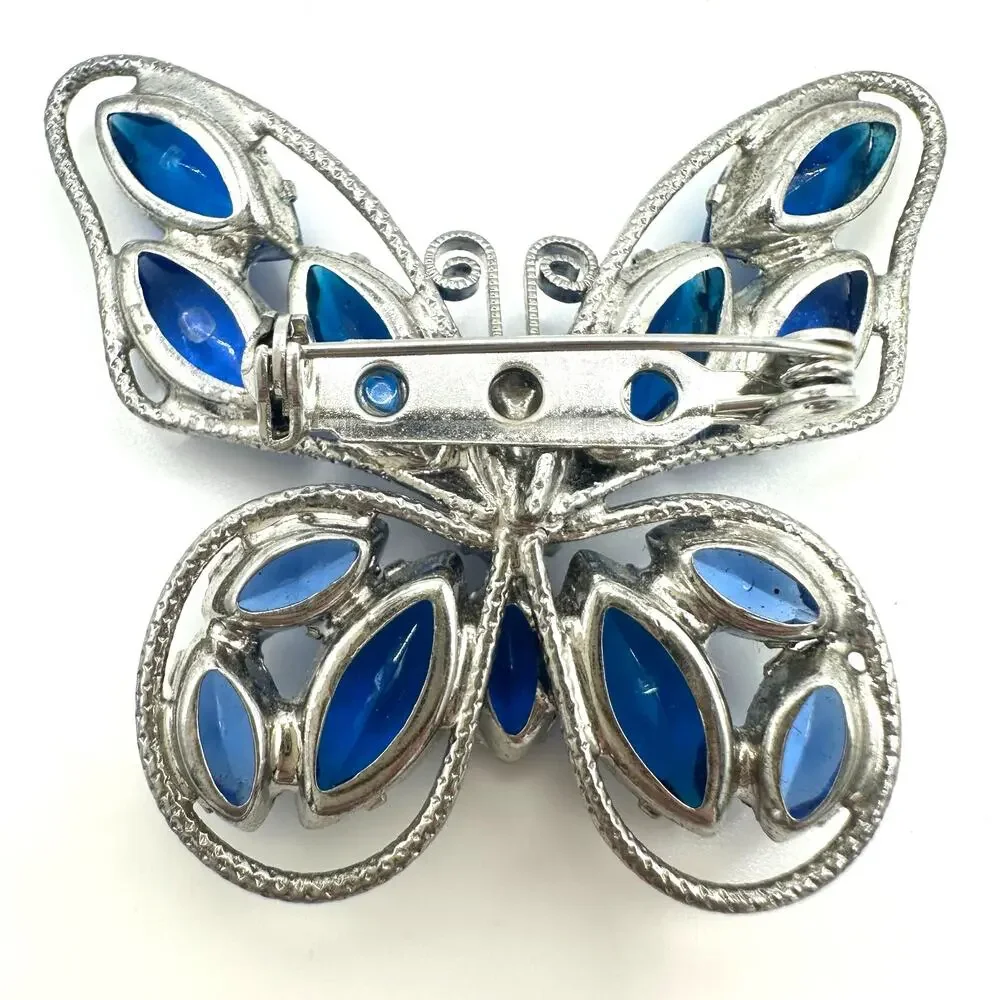 Vintage silver tone royal cobalt blue unfoiled rhinestones butterfly brooch